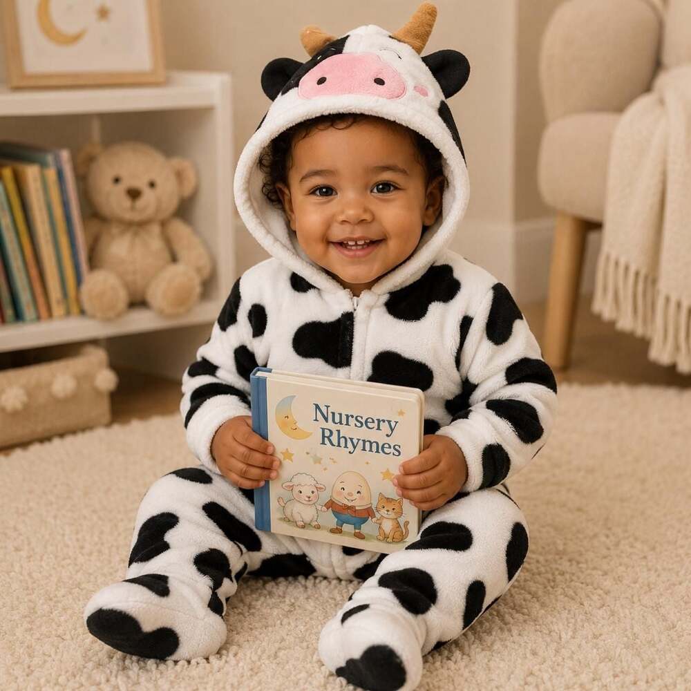 Unbranded Cow Print Plush Hooded Infant Romper 12-18M